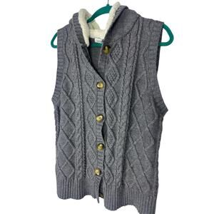 Women’s Boho Layering Vest Gray Cable Knit Sherpa Hood Button Down L
